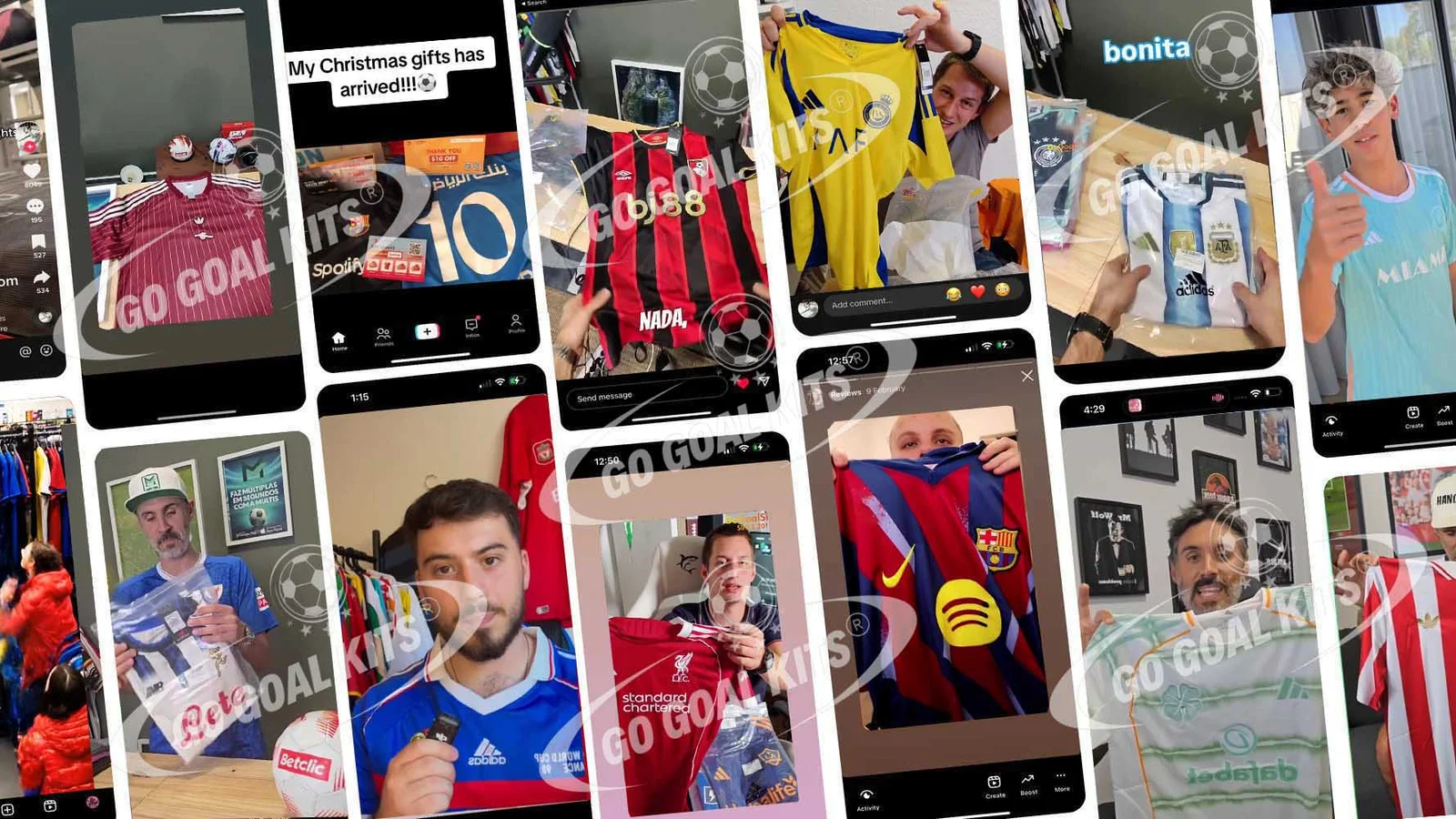 Real GoGoalKits customers sharing unboxing photos of their retro football jerseys from TikTok and Instagram community
