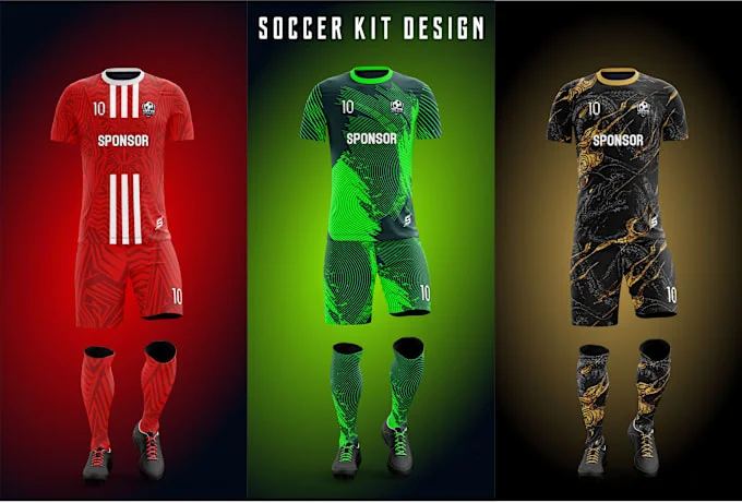 Three premium custom football uniform designs in red, green and black marble styles