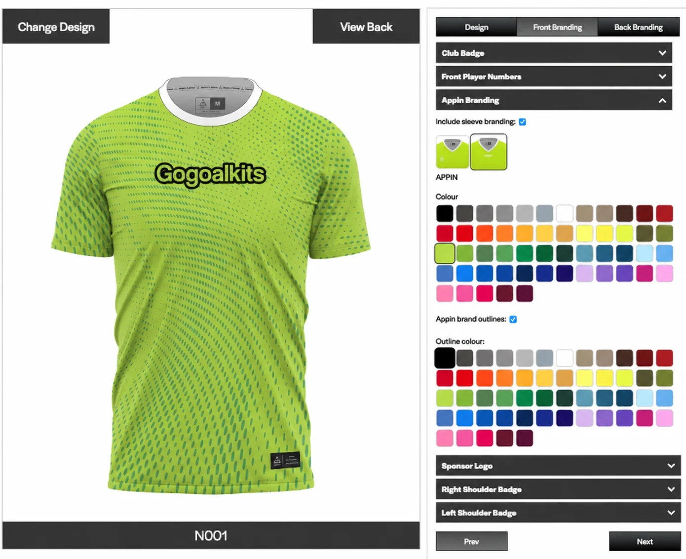 GoGoalKits online football uniform customizer with color picker and design controls