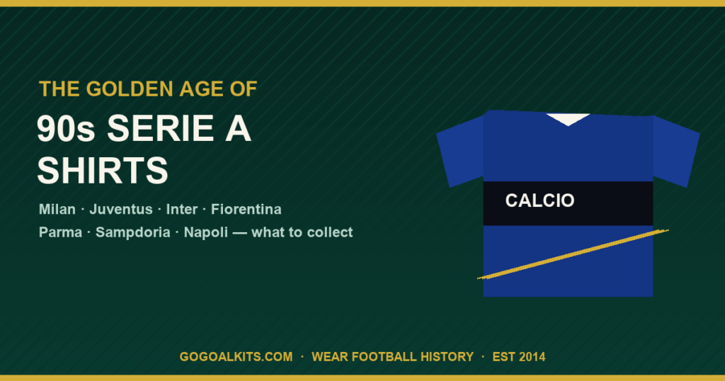 Retro blue football jersey with a black chest band illustrating the golden age of 90s Serie A shirts